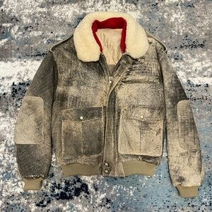 Vintage Leather Bomber Coat Lined Two Tone Wool Sheep Lapel Red Collar